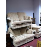 A Pair of Two Seater Settees, single armchair and pouffe, upholstered in a peach and cream