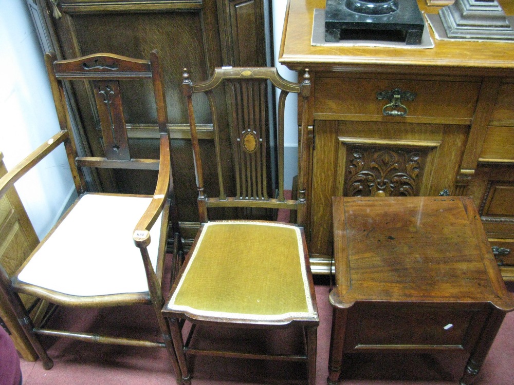 A Stained Mahogany Armchair, Edwardian bedroom chair, and a XIX Century mahogany commode. (3)