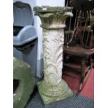A Concrete Garden Column, squared top over leaf carved capital and flower and foliage decoration