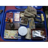 Sampler, coinage, bottle openers, bone handled corkscrew, penknives, etc:- One Tray