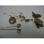 A 9ct Gold Locket Pendant, on belcher link chain; together with stick pins, single stone brooch