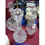 Three Cut Glass Decanters and Stoppers, three Coalport china spirit labels "Sherry", "Brandy" and "
