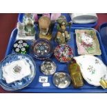 Five Paperweights, Doulton and Portuguese pin trays, scent bottle, etc:- One Tray
