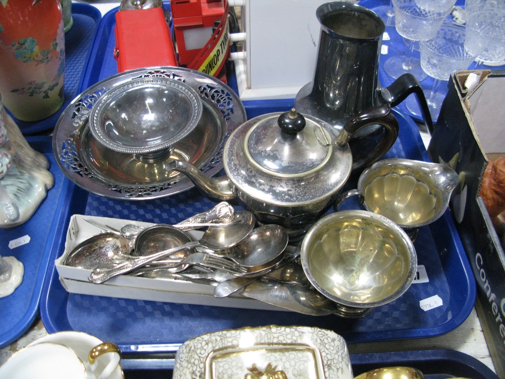 Cohr Atla Denmark EPNS Jug, epns three piece tea set, comports, cutlery etc:- One Tray