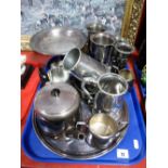 An EPNS Three Piece Tea Service, EPNS hand beaten vases, pedestal bowl, tankards, etc:- One Tray
