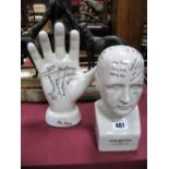 A Late XX Century Pottery Phrenology Head and Hand. (2)
