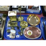 A Boot Vesta Holder, brass lion door stop, trinkets, etc:- One Tray