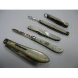 Two Silver Bladed Fruit Knives and Three Others, all with mother of pearl handles.