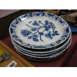 Three XVIII Century Chinese Blue and White Willow Pattern Plates, (damages); three other European