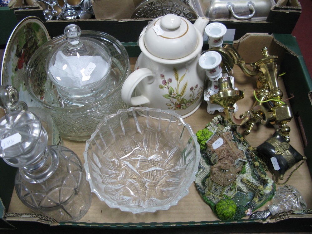 A XIX Century Mallet Decanter, other glass ware, harvest teapot, rose candlesticks, wall lights,
