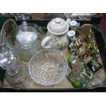 A XIX Century Mallet Decanter, other glass ware, harvest teapot, rose candlesticks, wall lights,