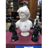 A Resin Bust of a Maiden, 34cm high and three classical figures. (4)