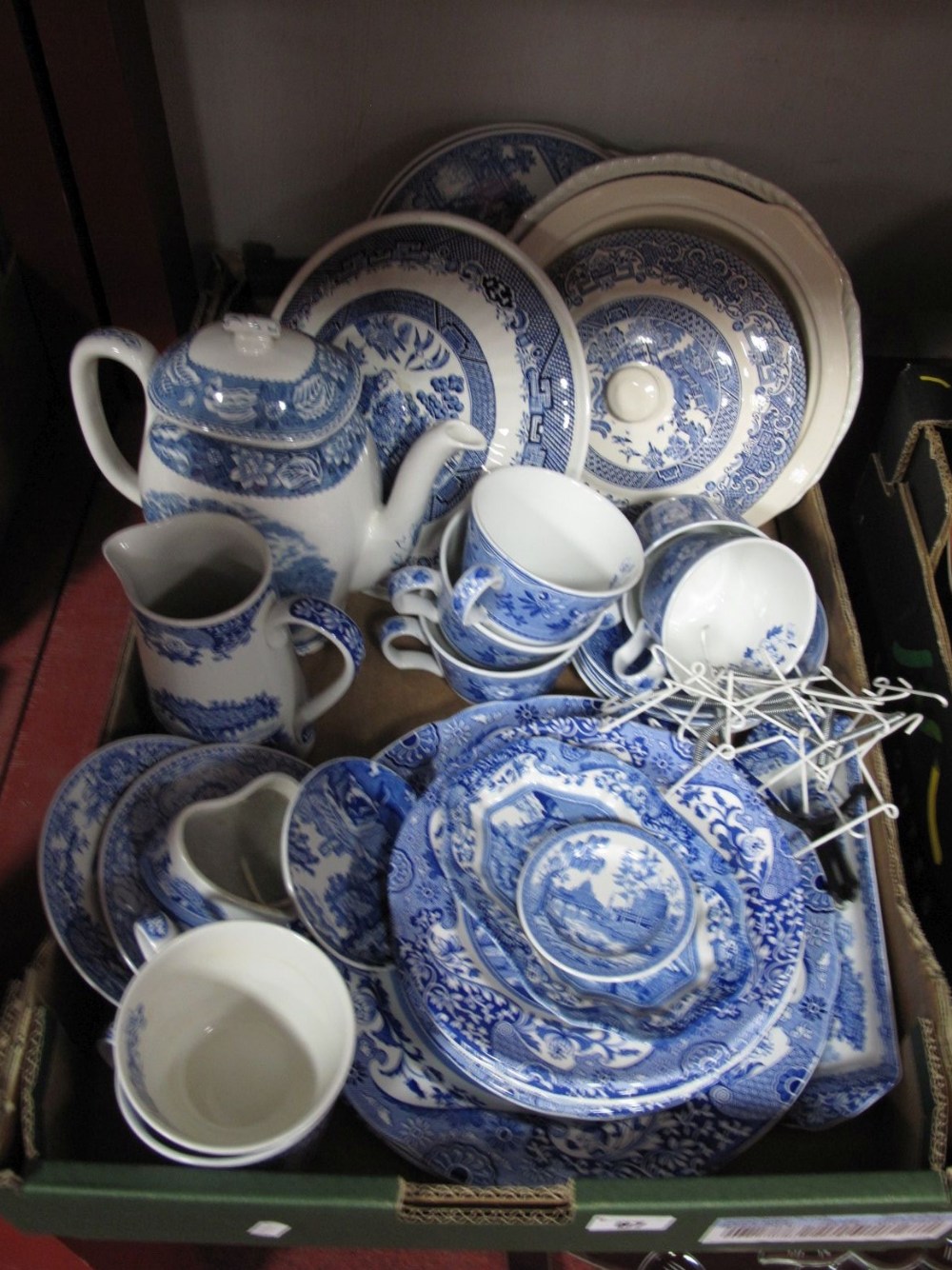 Spode Italian Blue Room Teaware, other blue and white Willow pattern pottery etc:- One Box