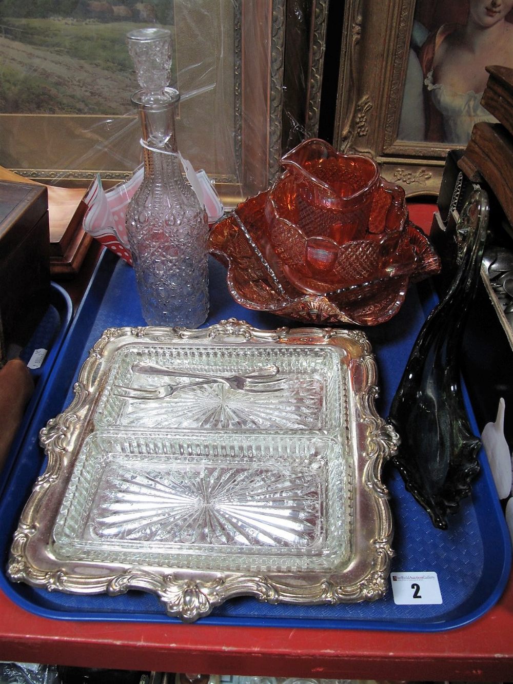 Hors d'oeuvre's, handkerchief vase, carnival glassware, decanter, swan:- One Tray