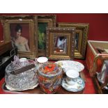 Three Modern Prints and a mirror, glass fruit bowl, apostle spoons, various ceramics, samurai