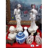 A Pair of Capo De Monte Figurines, alabaster bust (damage), German piano babies and other