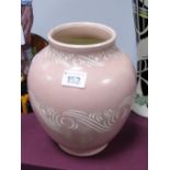 A Pearson's of Chesterfield Sgraffito Vase, of ovoid form, incised white scrolls on a pink ground,