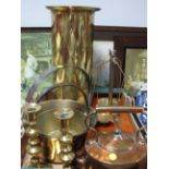 Philip Harris Balance Scales, copper kettle, brass jam pans, stick stand, candlesticks:- One Box