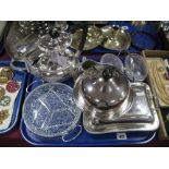 A Plated Teapot, twin dish stand, rectangular entree dish, muffin dish, glass lined serving dish,