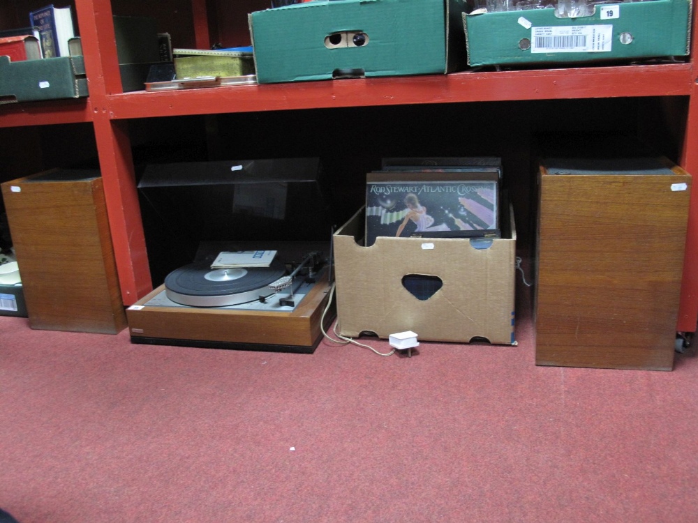 A Lenco GL72 Stereo Transcription Turntable, a pair of Dynatron model L. S. 2014 teak cased speakers