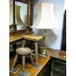 A XIX Century Low Stool on Ring Turned Stretchered Legs, an elm stool and a brass table lamp and