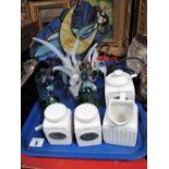 A Pair of Mdina Seahorse Paperweights, a stained glass 'fan' table lamp, etc:- One Tray