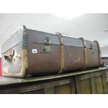 A Wooden Bound Hessian Travel Trunk.