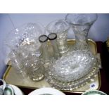 A Heavy Cut Glass Pedestal Bowl, vases, spill vases with silver rims, pickle jars, etc:- One Tray