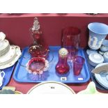 A XIX Century Cranberry Glass Decanter, vase, sugar sifter, pickle dish on a plated tray.