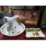 A Pair of Rectangular Copper Planters, Portmeirion wash jug and bowl, Doulton 3395 golfing tray.