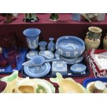 Wedgwood Powder Blue Jasper Ware, of seventeen pieces, including vase, fruit bowl, trinket boxes:-