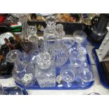 A Lead Crystal Spirit Decanter, including two whisky decanters of square section, set of six acid