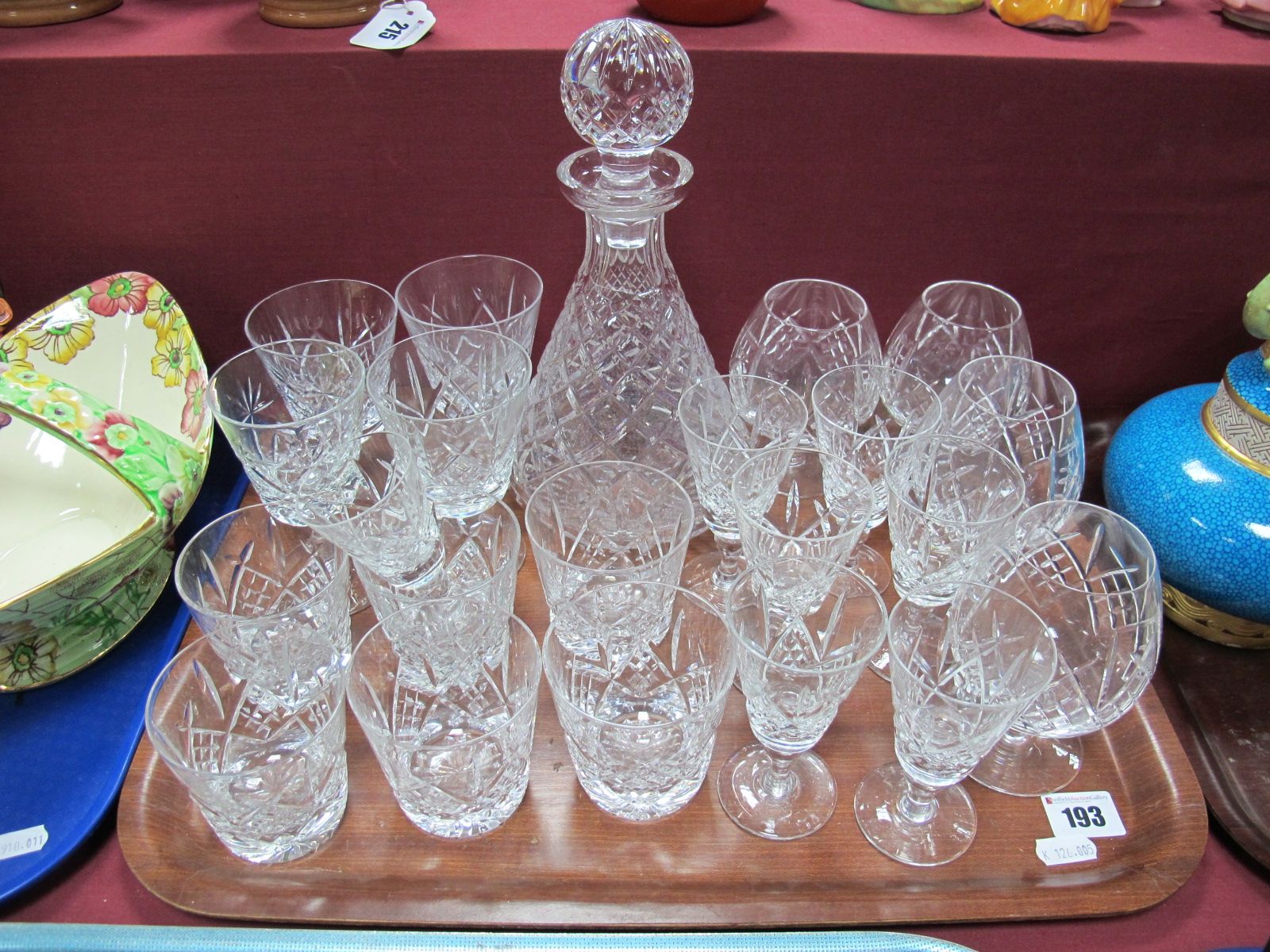 A Waterford Crystal Conical Decanter, Royal Doulton and other drinking glasses:- One Tray