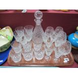 A Waterford Crystal Conical Decanter, Royal Doulton and other drinking glasses:- One Tray