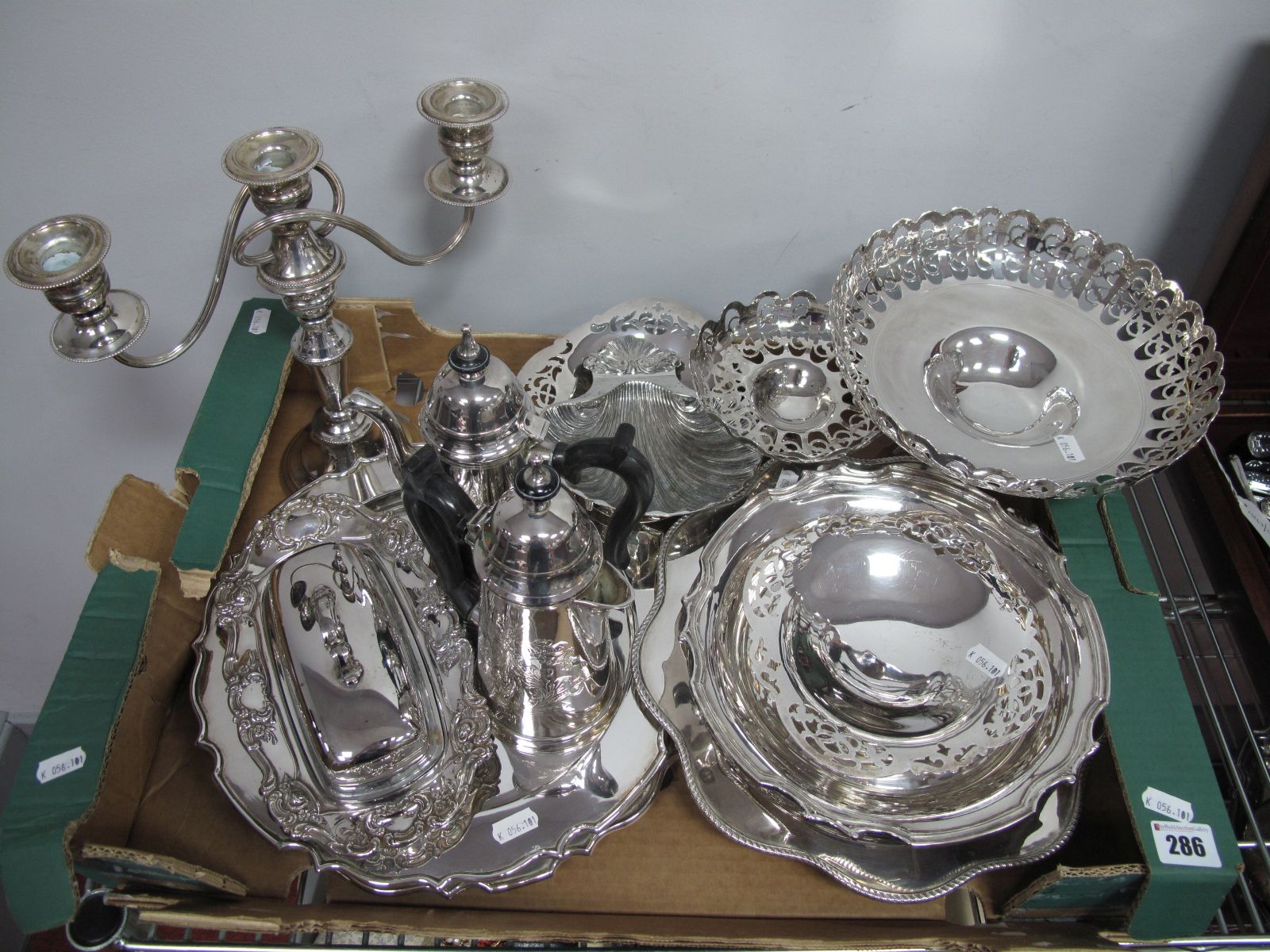 Assorted Plated Ware, including matching coffee and hot water pot, decorative pierced dishes, twin