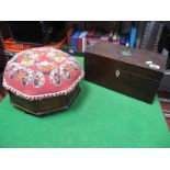 A XIX Century Mahogany Tea Caddy; beadwork topped octagonal stool. (2)