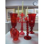 Pressed Glass Three Light Candelabra, a pair of ruby glass pedestal vases, ruby glass table stand;