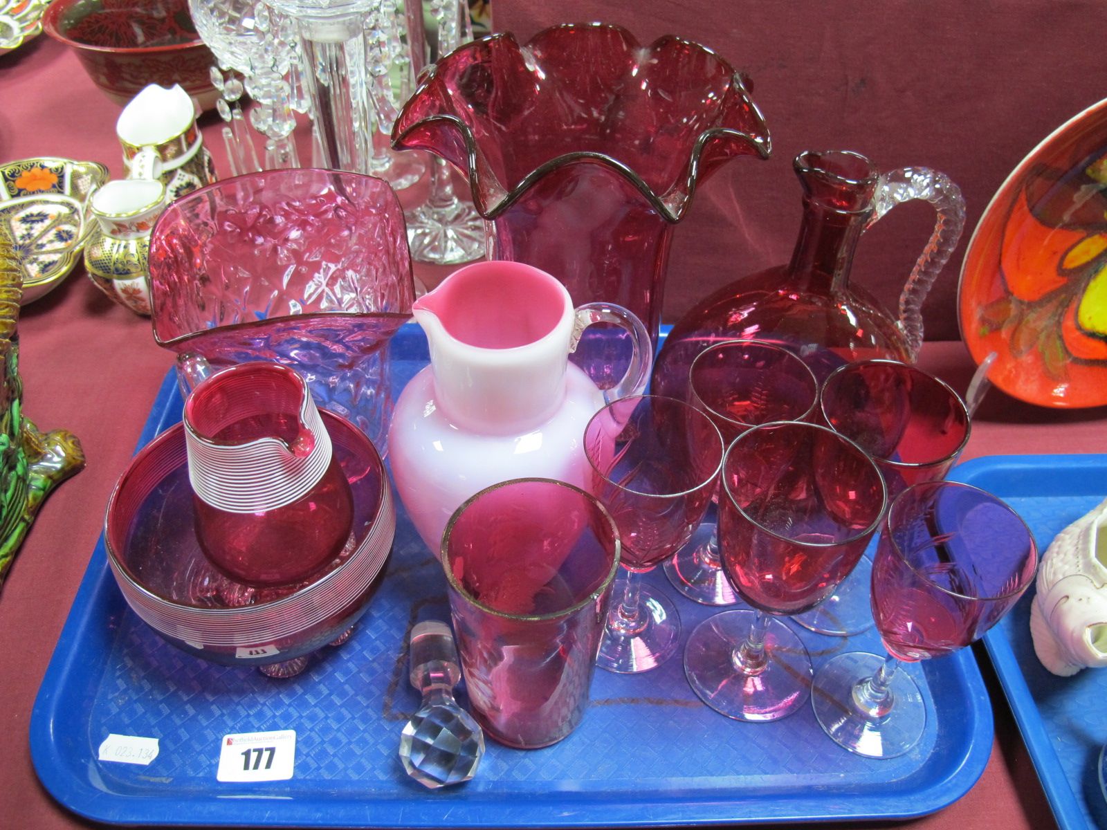 Cranberry Glass Fanned Vase, 21cm tall, sugar and cream, light shade, wines, jug and damaged pearl