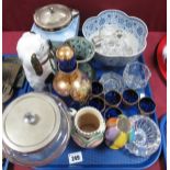 Sandland and Glass Biscuit Barrels, blue glass liqueur set, Honiton jug, salts, etc:- One Tray