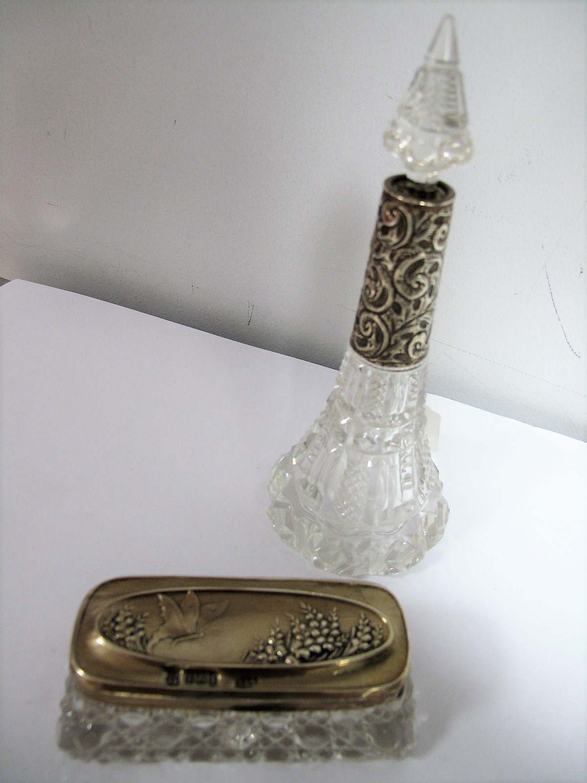 A Glass Conical Scent Bottle, with embossed silver collar. Hobnail glass tidy jar with silver