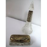 A Glass Conical Scent Bottle, with embossed silver collar. Hobnail glass tidy jar with silver