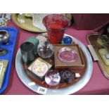 A Whitefriars Ruby Fanned Vase, Caithness and other paperweights, etc:- One Tray