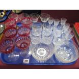 A Set of Six Ruby Glasses, whisky glasses, sundae dishes, etc:- One Tray
