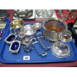 A Chester Hallmarked Silver Salt; together with plated jug and bowl, pair of toast racks, candle