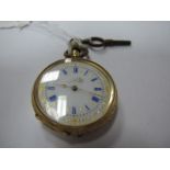 A Continental Cased Ladies Fob Watch, the dial with gilt highlights and blue Roman numerals within