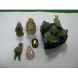 A Set of Carved Green Hardstone Ducks, on carved hardwood stand, miniature jointed baby doll, oval