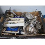 A Mixed Lot of Assorted Plated Ware, including trays, vase, teapot, fish knives and forks, etc:- One