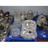 An Electroplated Basket, with swing handle, four section cruet, teapot, trophies, other plated