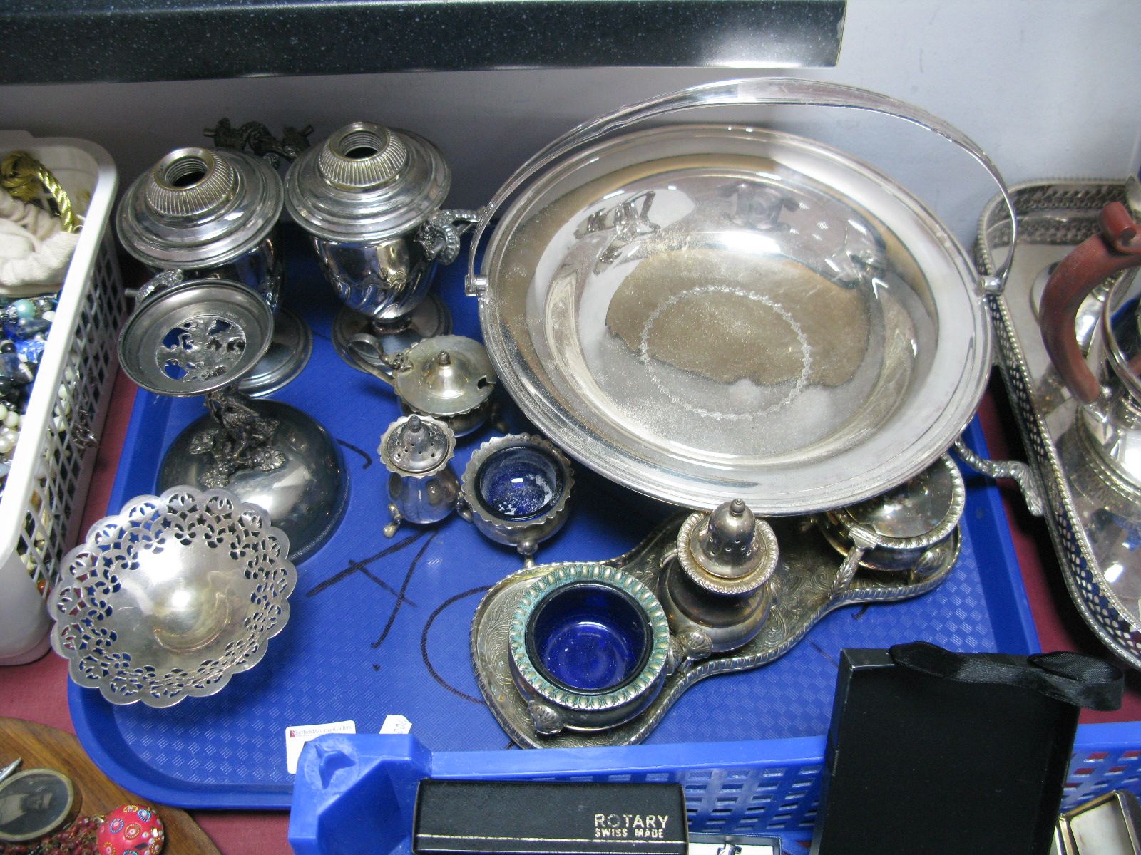 A Pair of Dixon's Burners, with rams horn handles, Mappin & Webb basket, condiment sets, other