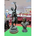 A Spelter 'Industrie' Figure, on circular base, 67cm high, After J. Hamilton, bust of George II.